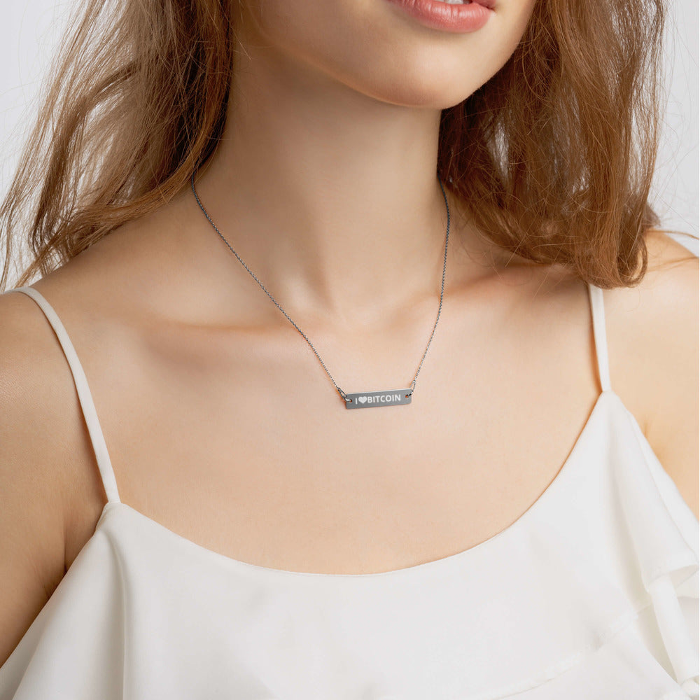 I love Bitcoin Engraved Silver Bar Chain Necklace