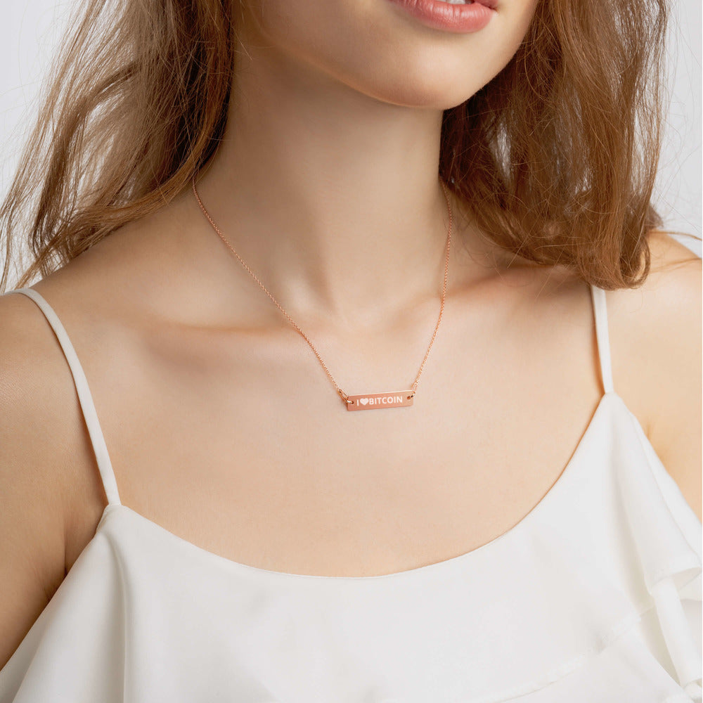 I love Bitcoin Engraved Silver Bar Chain Necklace